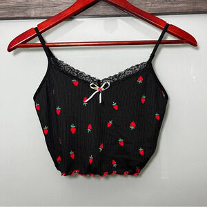 Black & Strawberry Bralette Women's Medium Delicate Lace Comfort Romantic Cute